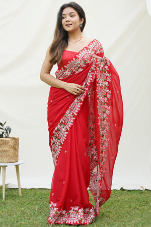 Red Satin Georgette Saree With Blouse Piece