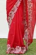 Red Satin Georgette Saree With Blouse Piece