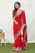 Red Satin Georgette Saree With Blouse Piece