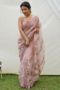 Peach Organza Saree With Blouse Piece Peach Organza Saree With Blouse Piece