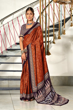 Orange Bandhani Hand Block Print Mulmul Cotton Sarees Saree With Blouse Piece