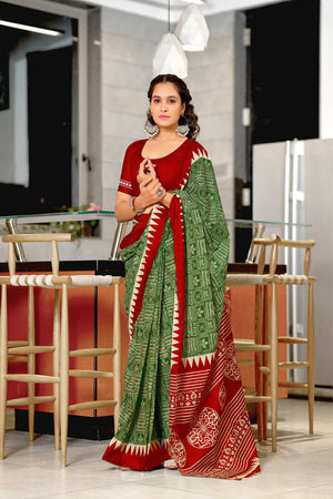 Green Mulmul Cotton Hand Block Print Sarees Saree With Blouse Piece