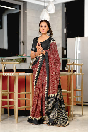 Red Mulmul Cotton Hand Block Print Sarees Saree With Blouse Piece