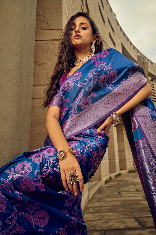 Blue Banarasi Satin Silk Saree With Blouse Piece Blue Banarasi Satin Silk Saree With Blouse Piece