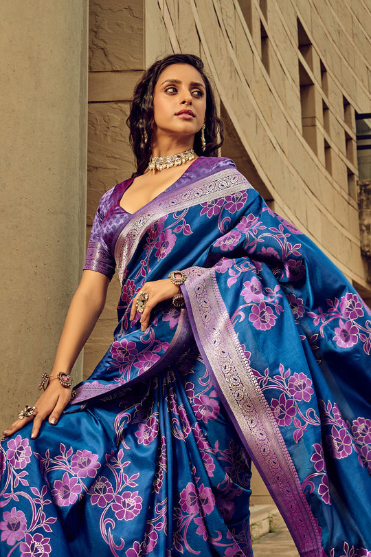 Blue Banarasi Satin Silk Saree With Blouse Piece Blue Banarasi Satin Silk Saree With Blouse Piece