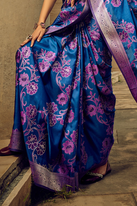 Blue Banarasi Satin Silk Saree With Blouse Piece Blue Banarasi Satin Silk Saree With Blouse Piece