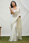 Off White Georgette Saree With Blouse Piece Off White Georgette Saree With Blouse Piece