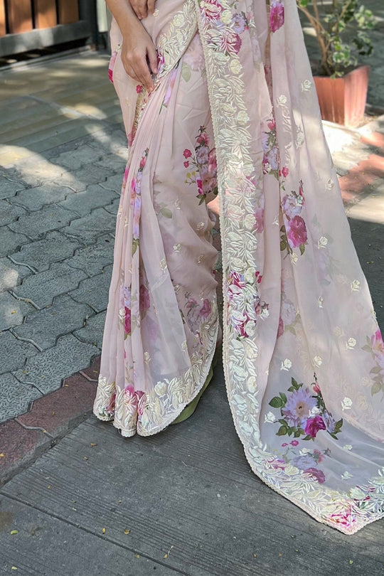 Beige Georgette Saree with Cream Blouse Piece Beige Georgette Saree with Cream Blouse Piece