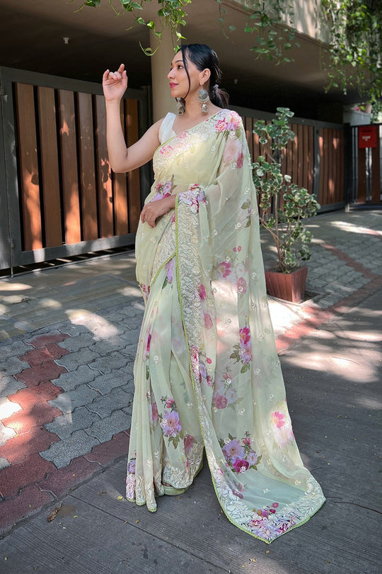 Green Georgette Saree with Cream Blouse Piece Green Georgette Saree with Cream Blouse Piece