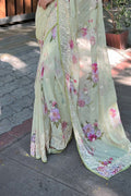 Green Georgette Saree with Cream Blouse Piece Green Georgette Saree with Cream Blouse Piece