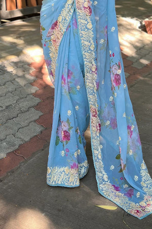 Sky Blue Georgette Saree with Cream Blouse Piece