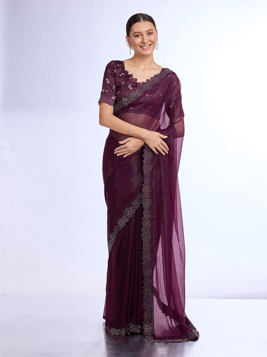 Wine Georgette Saree With Blouse Piece Wine Georgette Saree With Blouse Piece