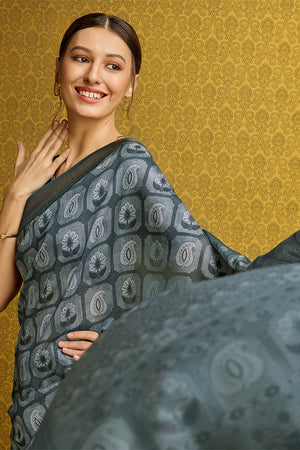 Grey Silk Ethnic Motifs Printed Zari Saree