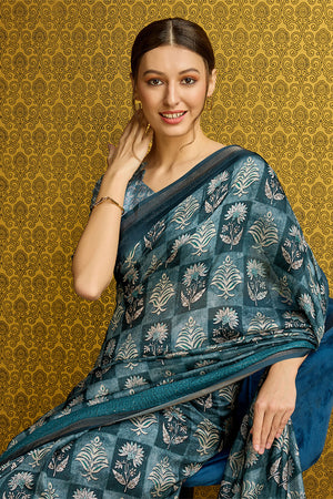 Teal Silk Ethnic Motifs Printed Saree