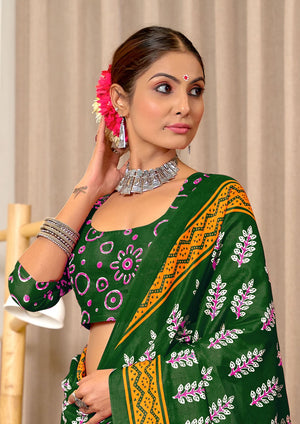 Green Pure Mulmul Cotton Hand Block Print Sarees Saree With Blouse Piece