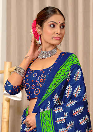 Blue Pure Mulmul Cotton Hand Block Print Sarees Saree With Blouse Piece
