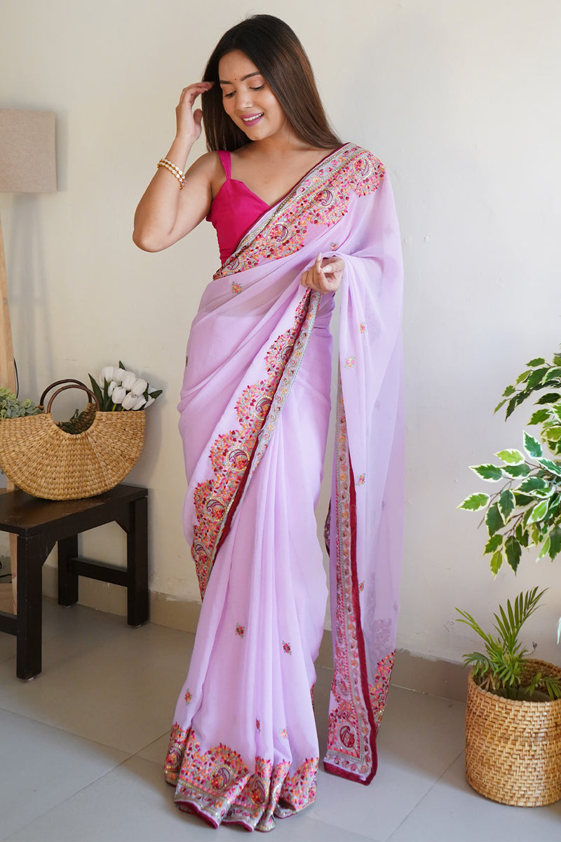 Lavender Digital Print Georgette Saree with Lace Border purple Blouse main image 0