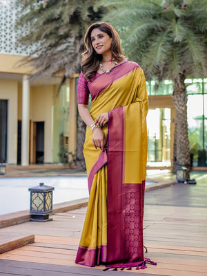 Yellow Kanjivaram Silk Zari Woven Traditional Saree with Blouse