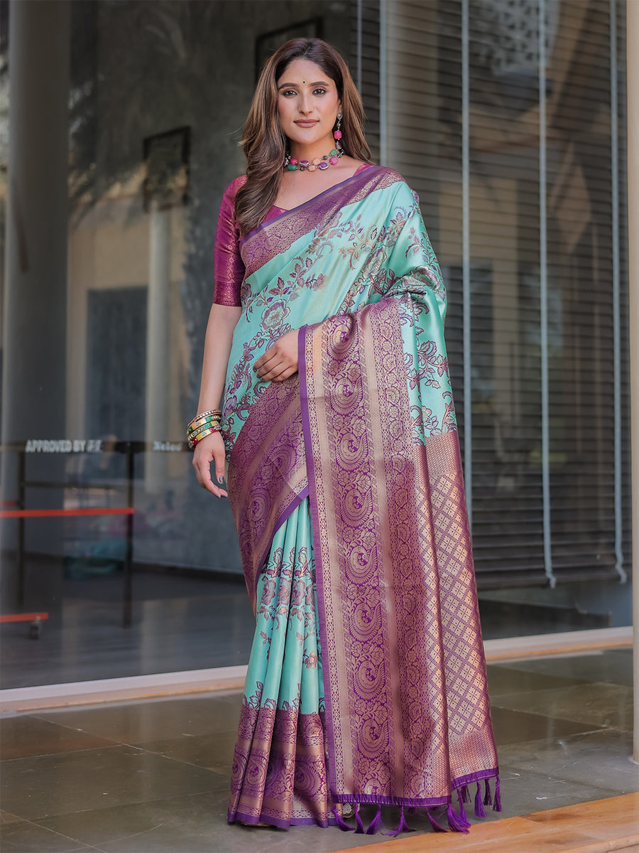 Women Turquoise Silk Blend Woven Zari Design Saree With Unstitched Blouse
