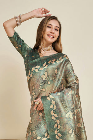 Olive Green Silk Saree With Blouse Piece
