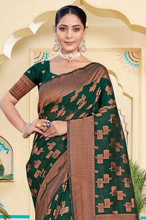 Green Cotton Saree With Blouse Piece
