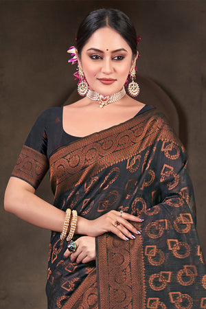 Navy Blue Cotton Saree With Blouse Piece