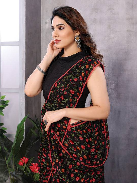 Black & Red Georgette Saree With Blouse Piece Black & Red Georgette Saree With Blouse Piece