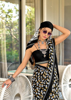 Black Pure Cotton Hand Block Print Sarees Saree With Blouse Piece