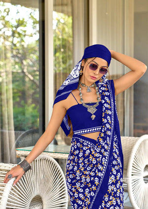 Blue Pure Cotton Hand Block Print Sarees Saree With Blouse Piece