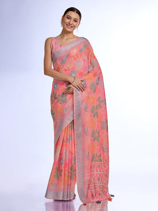 Peach Linen Blend Saree With Blouse Piece Peach Linen Blend Saree With Blouse Piece