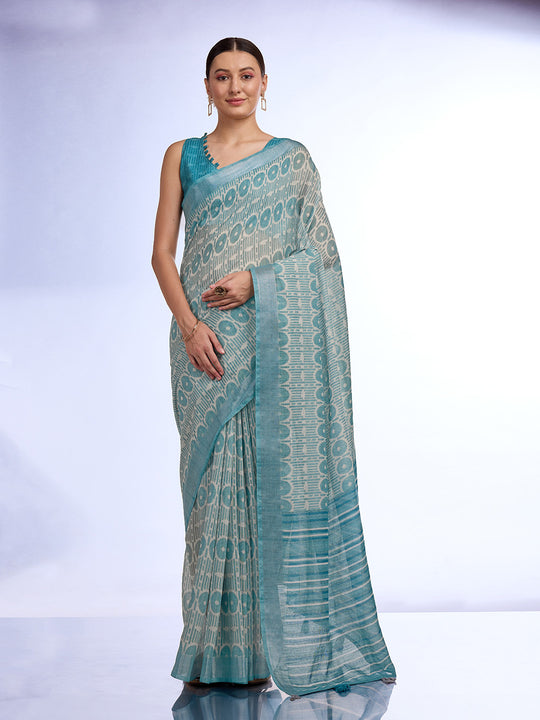 Sea Green Linen Blend Saree With Blouse Piece Sea Green Linen Blend Saree With Blouse Piece