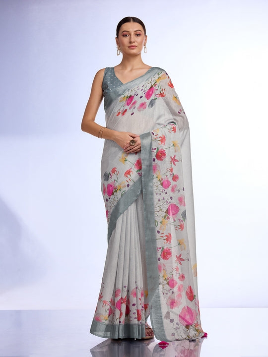 Off White Linen Blend Saree With Blouse Piece Off White Linen Blend Saree With Blouse Piece