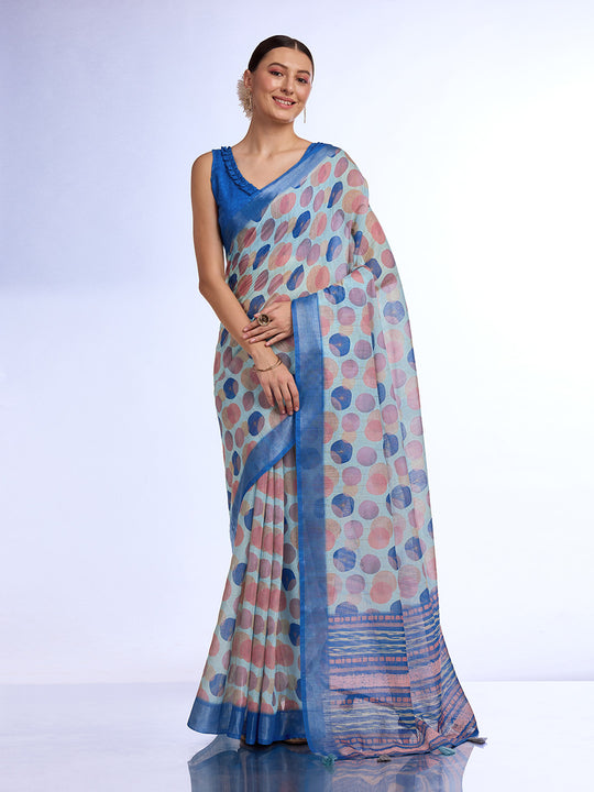 Blue Linen Blend Saree With Blouse Piece Blue Linen Blend Saree With Blouse Piece