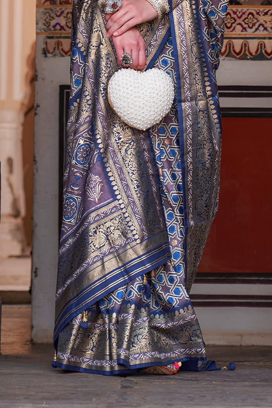 Karagiri Comet Blue Printed Patola Silk Saree With Blouse Piece Karagiri Comet Blue Printed Patola Silk Saree With Blouse Piece