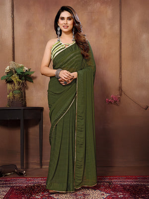 Green Georgette Ready to Wear Saree With Blouse Piece