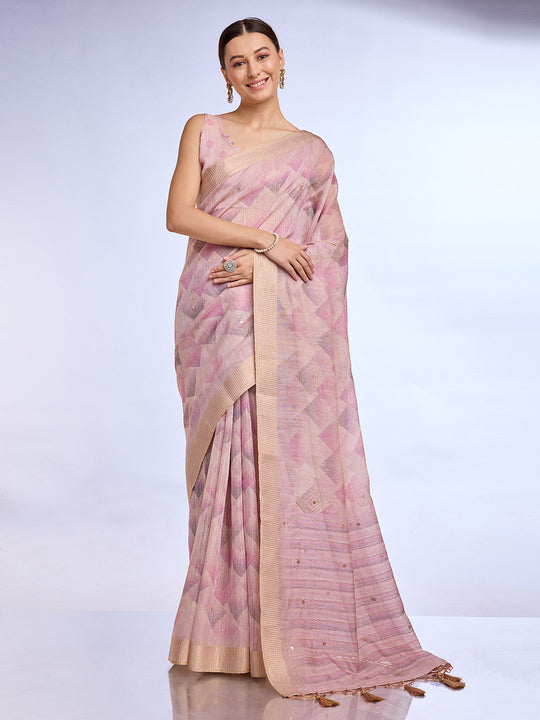 Pink Tissue Linen Blend Saree With Blouse Piece Pink Tissue Linen Blend Saree With Blouse Piece