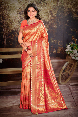 Hot Pink Zari Woven Kanjivaram Silk Saree With Blouse Piece