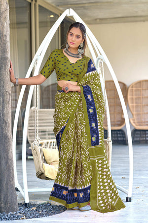Lime Green Hand Block Print Mulmul Cotton Sarees Saree With Blouse Piece