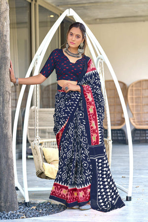 Blue Hand Block Print Mulmul Cotton Sarees Saree With Blouse Piece
