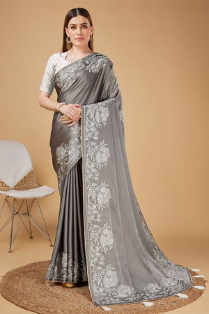 Grey Satin Embroidered Broder Satin Saree