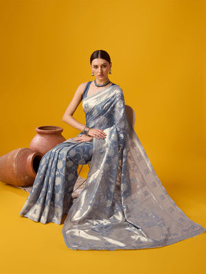 Grey Cotton Saree With Blouse Piece