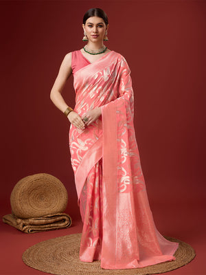 Pink Cotton Saree With Blouse Piece