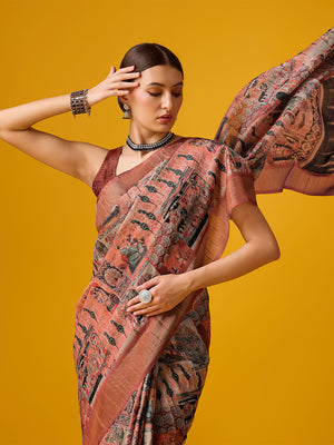 Peach Cotton Digital Print Saree With Blouse Piece