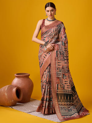 Peach Cotton Digital Print Saree With Blouse Piece