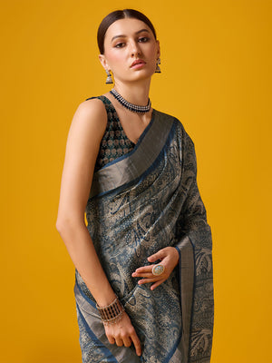 Blue Cotton Digital Print Saree With Blouse Piece