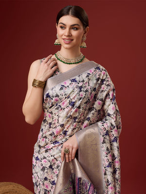 White Cotton Digital Print Saree With Blouse Piece