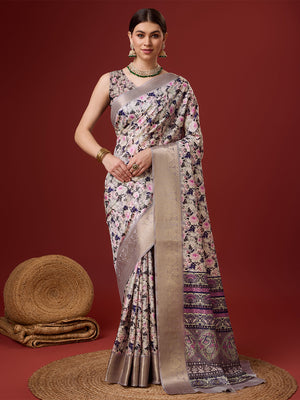 White Cotton Digital Print Saree With Blouse Piece