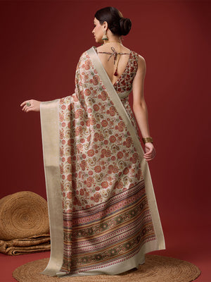 Cream Cotton Digital Print Saree With Blouse Piece