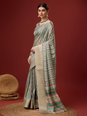 White Cotton Digital Print Saree With Blouse Piece