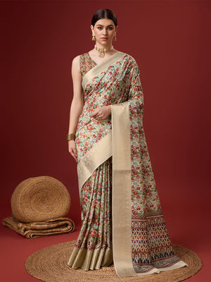 White Cotton Digital Print Saree With Blouse Piece